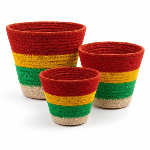 Bespoke handwoven jute planters with a vibrant Rasta color scheme – Red and Yellow and Green (3PCS)