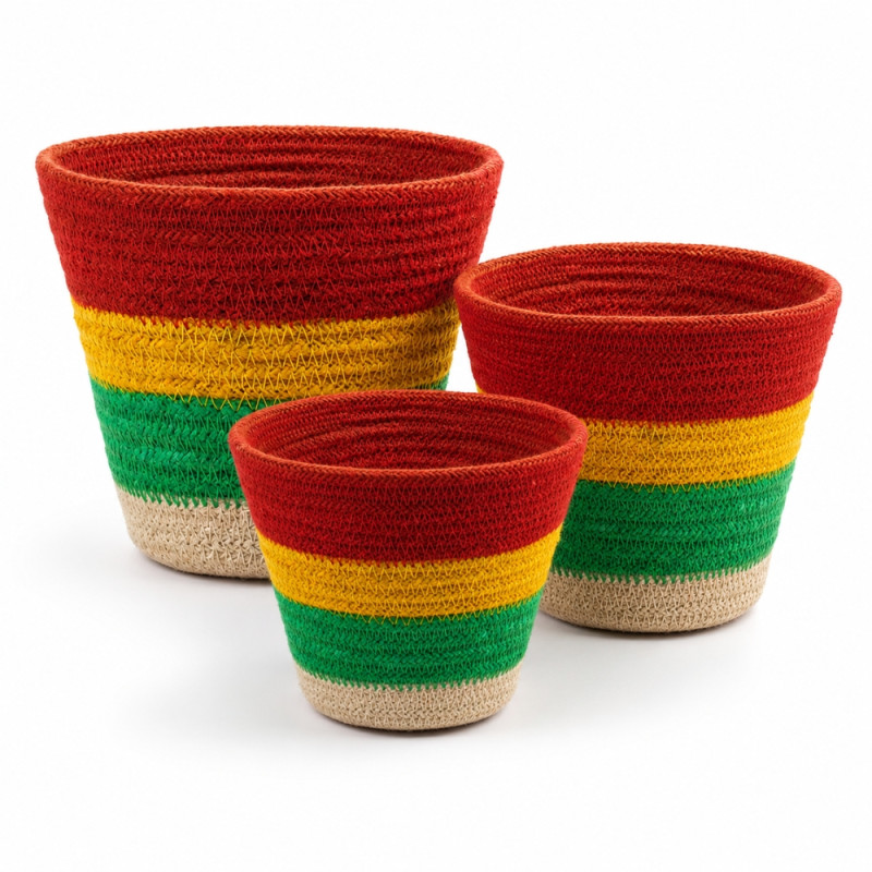 Bespoke handwoven jute planters with a vibrant Rasta color scheme – Red and Yellow and Green (3PCS)