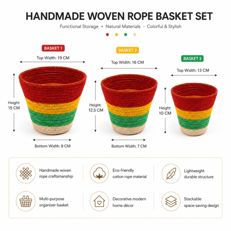 Bespoke handwoven jute planters with a vibrant Rasta color scheme – Red and Yellow and Green (3PCS)