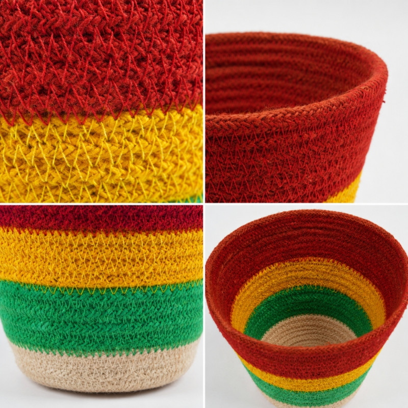 Bespoke handwoven jute planters with a vibrant Rasta color scheme – Red and Yellow and Green (3PCS)