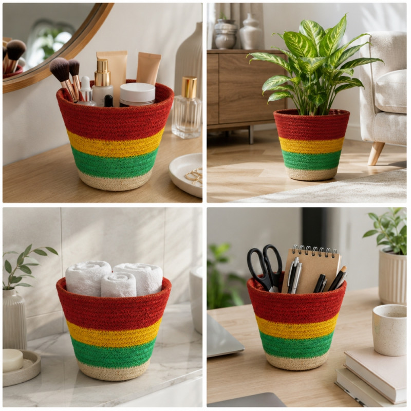 Bespoke handwoven jute planters with a vibrant Rasta color scheme – Red and Yellow and Green (3PCS)