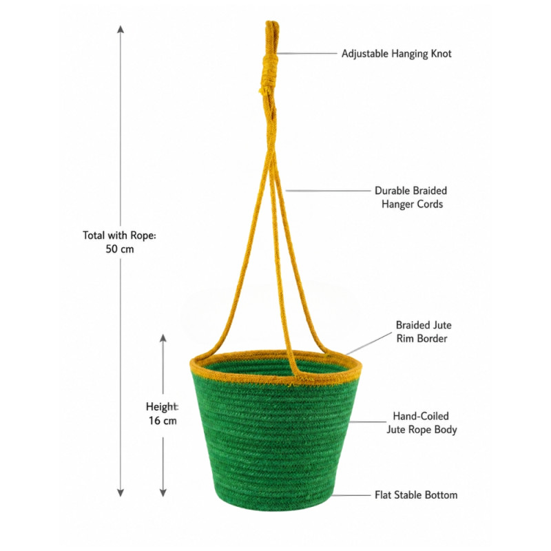 Futuristic braided jute rope hanging planter with a green body and yellow border – Yellow & Green (16 x 19 x 0cm)