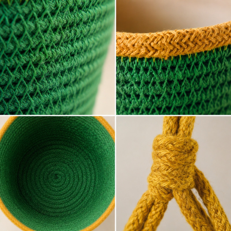 Futuristic braided jute rope hanging planter with a green body and yellow border – Yellow & Green (16 x 19 x 0cm)