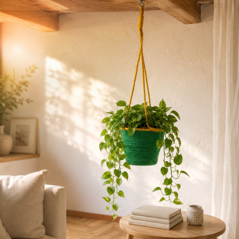 Futuristic braided jute rope hanging planter with a green body and yellow border – Yellow & Green (16 x 19 x 0cm)