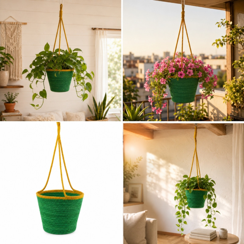 Futuristic braided jute rope hanging planter with a green body and yellow border – Yellow & Green (16 x 19 x 0cm)