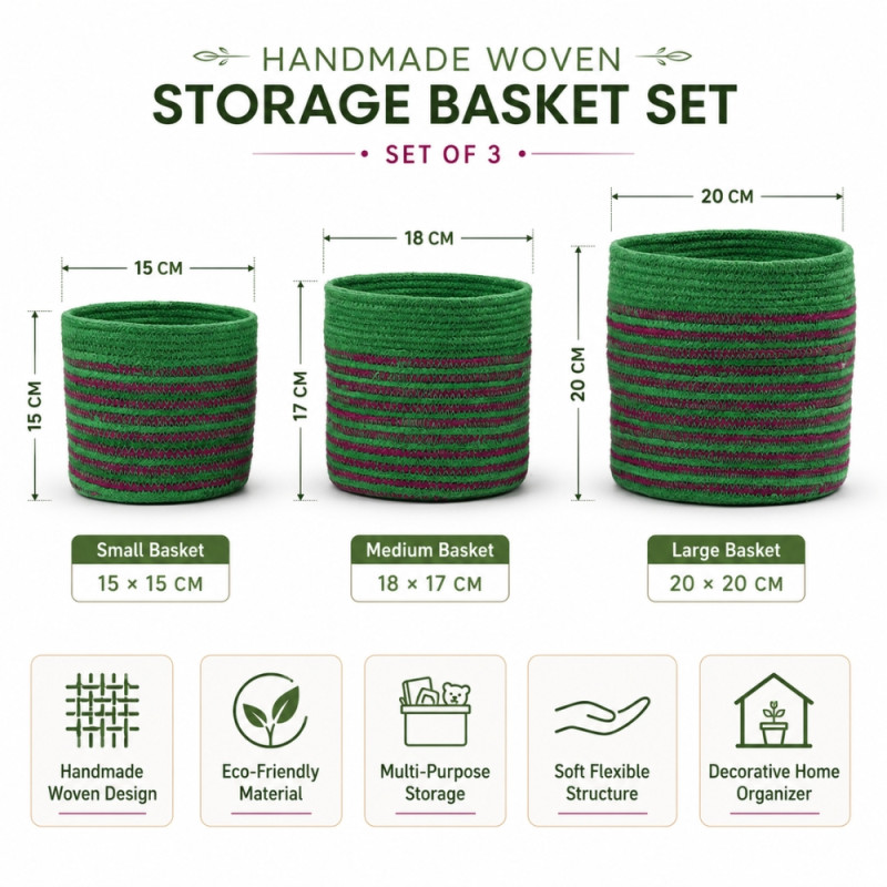 Next-Gen handmade woven storage baskets featuring green and maroon striped designs in varying sizes – green & Maroon (3 PCS)