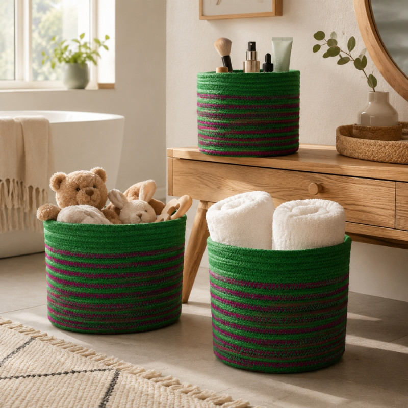 Next-Gen handmade woven storage baskets featuring green and maroon striped designs in varying sizes – green & Maroon (3 PCS)