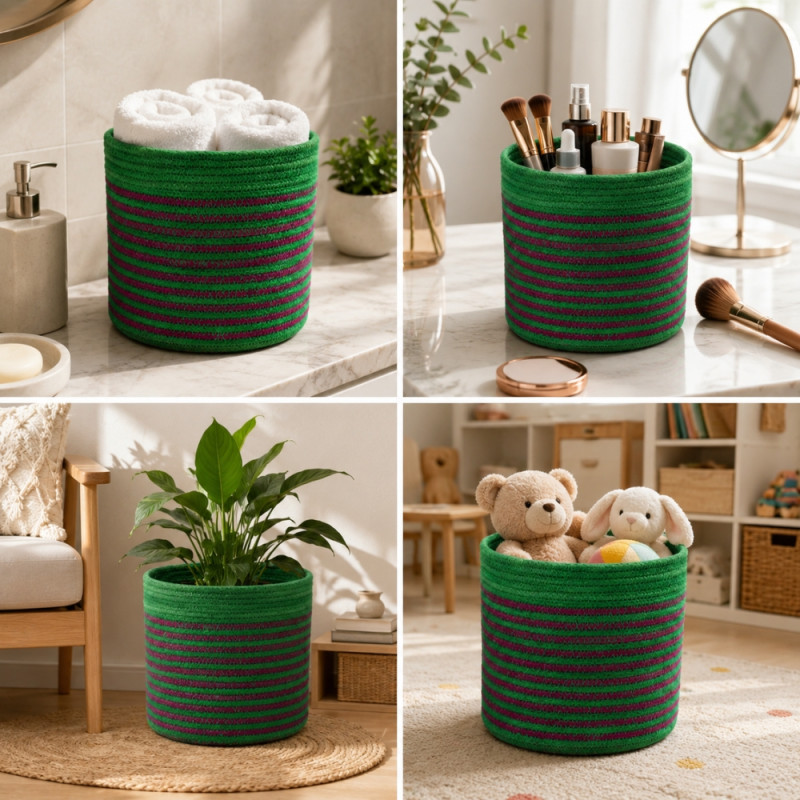 Next-Gen handmade woven storage baskets featuring green and maroon striped designs in varying sizes – green & Maroon (3 PCS)