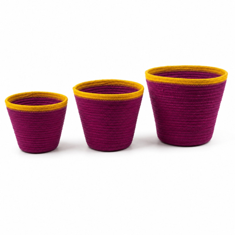 Minimalist 3-piece handmade woven rope storage basket set for home organization – Maroon & Yellow (3 PCS)