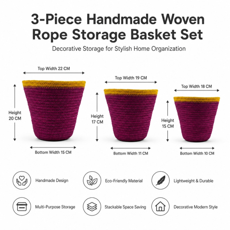 Minimalist 3-piece handmade woven rope storage basket set for home organization – Maroon & Yellow (3 PCS)