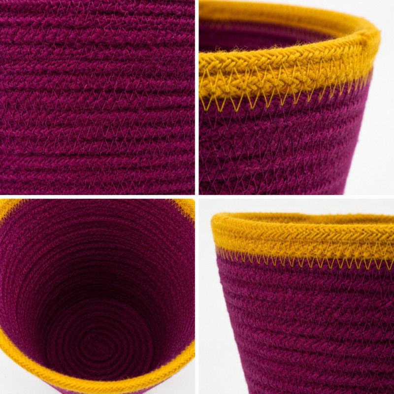 Minimalist 3-piece handmade woven rope storage basket set for home organization – Maroon & Yellow (3 PCS)