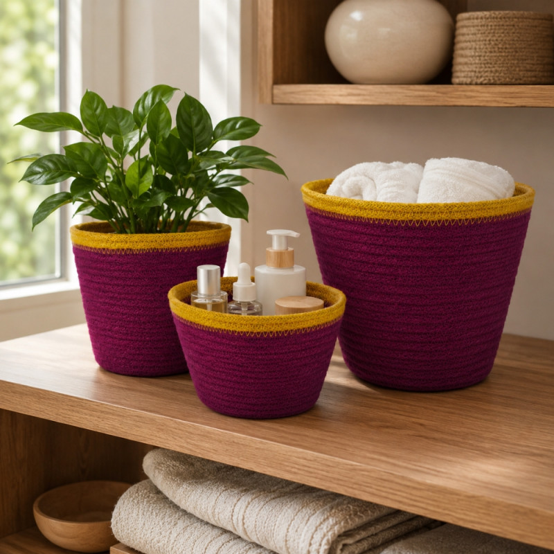 Minimalist 3-piece handmade woven rope storage basket set for home organization – Maroon & Yellow (3 PCS)