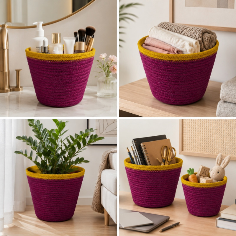 Minimalist 3-piece handmade woven rope storage basket set for home organization – Maroon & Yellow (3 PCS)