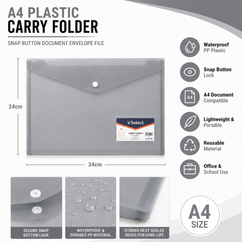VSelect Brand Snap Button Plastic Envelope Folder for A4 Documents (34x24cm) – Light Gray