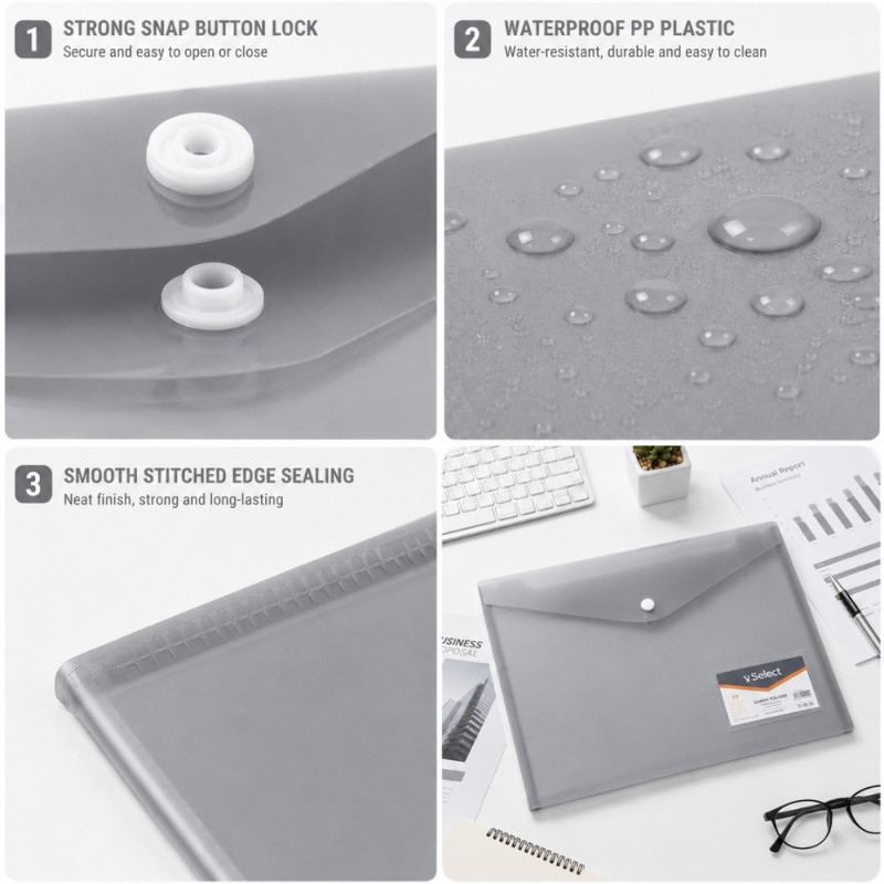 VSelect Brand Snap Button Plastic Envelope Folder for A4 Documents (34x24cm) – Light Gray