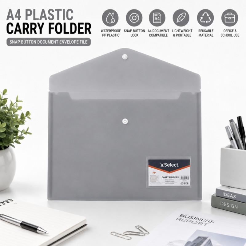 VSelect Brand Snap Button Plastic Envelope Folder for A4 Documents (34x24cm) – Light Gray