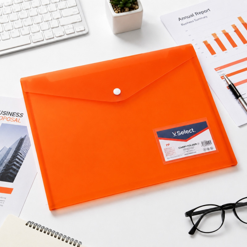 Orange A4 Plastic Document Envelope File with a Snap Button Closure