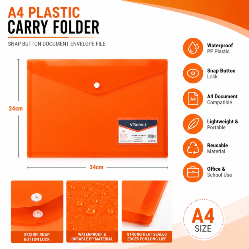 Orange A4 Plastic Document Envelope File with a Snap Button Closure