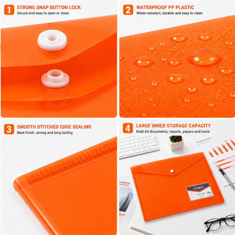 Orange A4 Plastic Document Envelope File with a Snap Button Closure