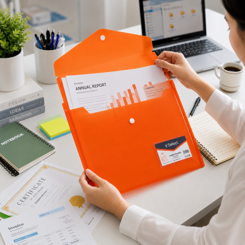 Orange A4 Plastic Document Envelope File with a Snap Button Closure