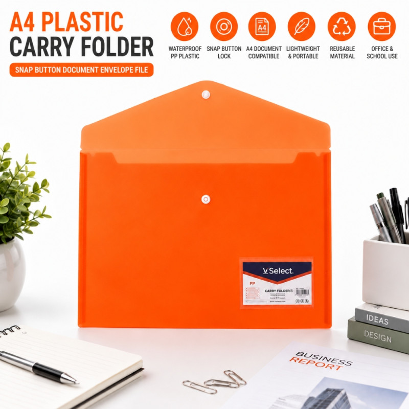 Orange A4 Plastic Document Envelope File with a Snap Button Closure