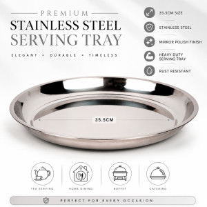 Stainless Steel Round Serving Tray – Mirror Polish Silver (35.5 x 4cm)