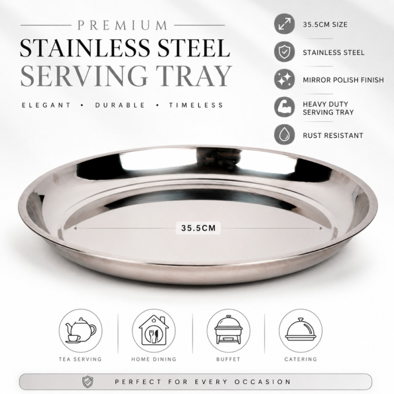 Stainless Steel Round Serving Tray – Mirror Polish Silver (35.5 x 4cm)