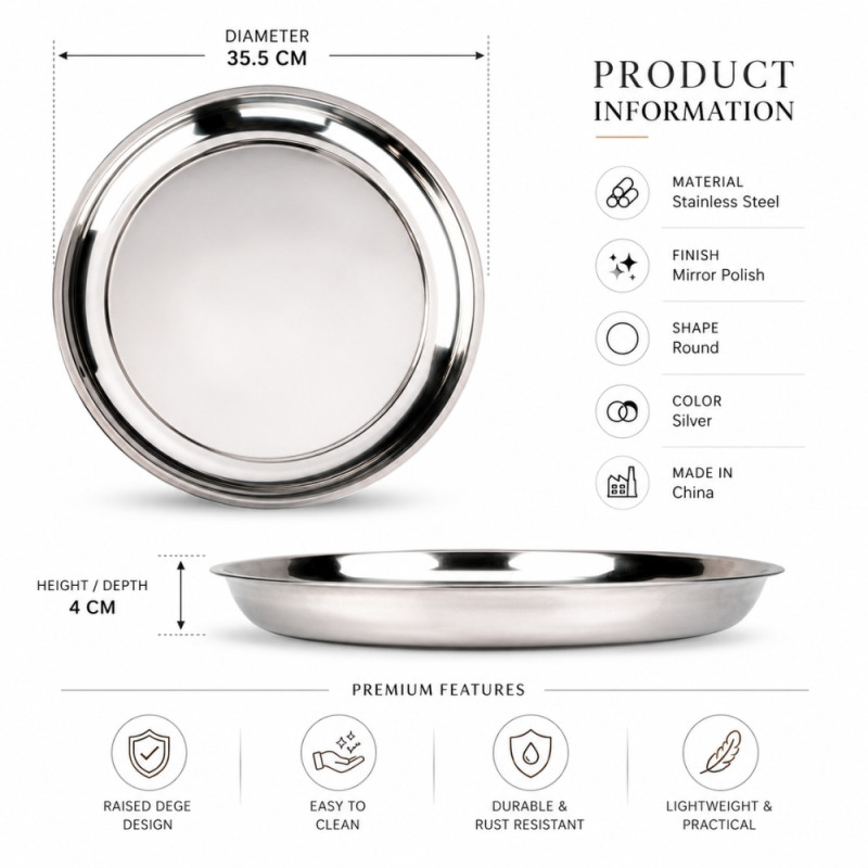 Stainless Steel Round Serving Tray – Mirror Polish Silver (35.5 x 4cm)