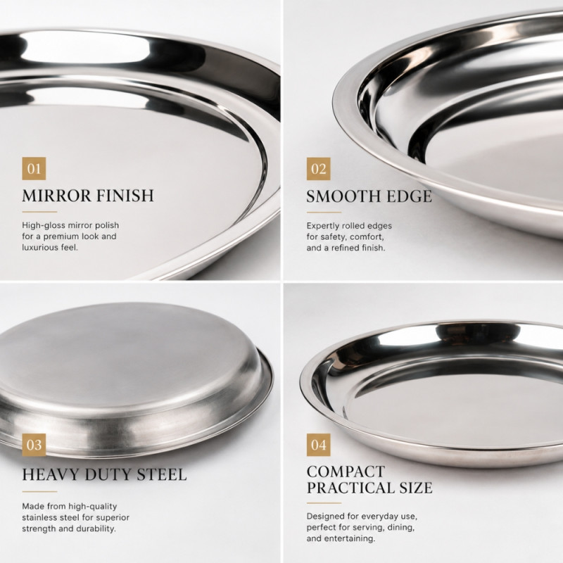 Stainless Steel Round Serving Tray – Mirror Polish Silver (35.5 x 4cm)