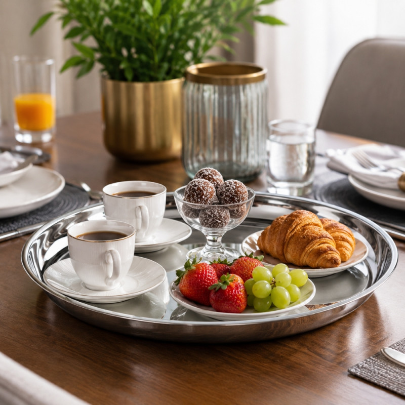 Stainless Steel Round Serving Tray – Mirror Polish Silver (35.5 x 4cm)