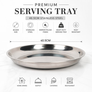 Stainless Steel Round Serving Tray – Mirror Polish Silver (40.5 x 3.5cm)