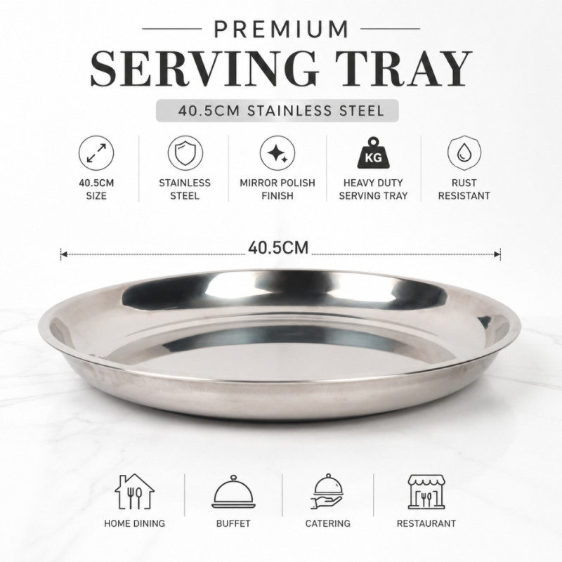 Stainless Steel Round Serving Tray – Mirror Polish Silver (40.5 x 3.5cm)