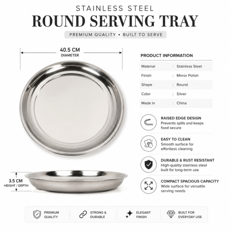 Stainless Steel Round Serving Tray – Mirror Polish Silver (40.5 x 3.5cm)