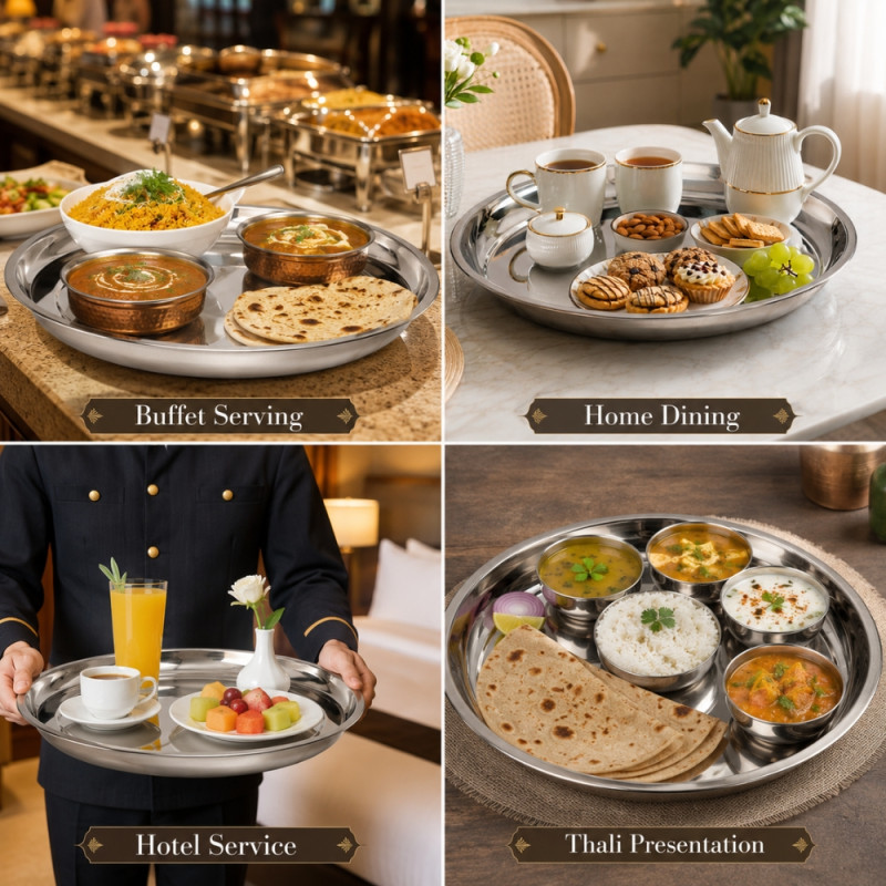 Stainless Steel Round Serving Tray – Mirror Polish Silver (40.5 x 3.5cm)