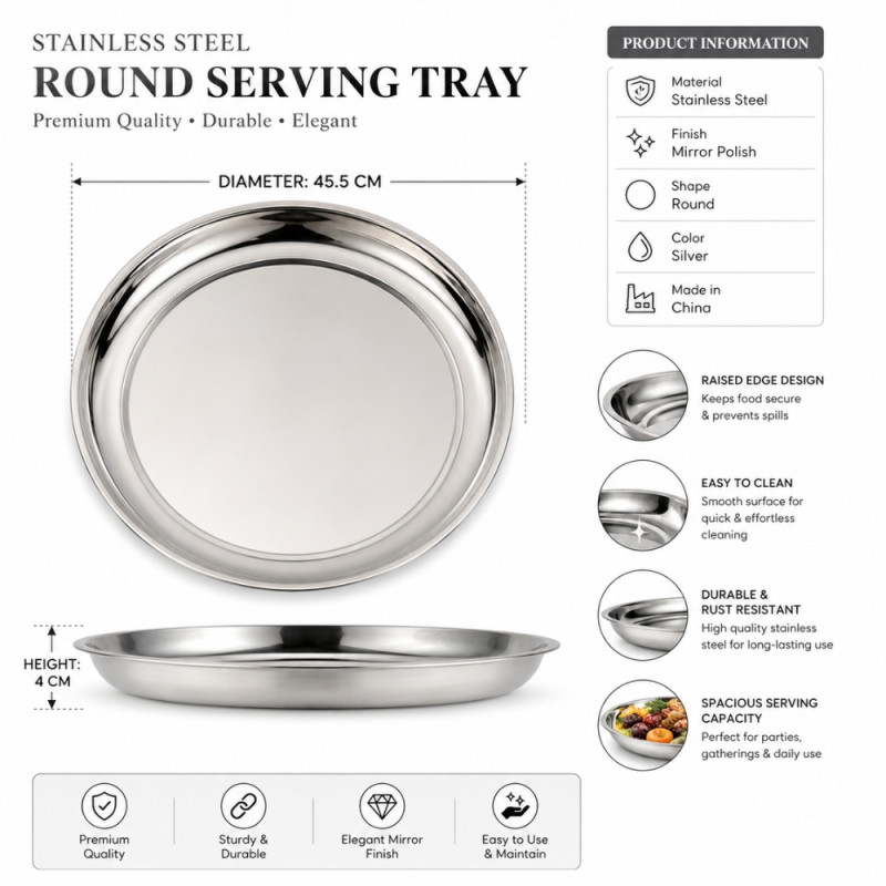 Stainless Steel Round Serving Tray – Mirror Polish Silver (45.5 x 4cm)