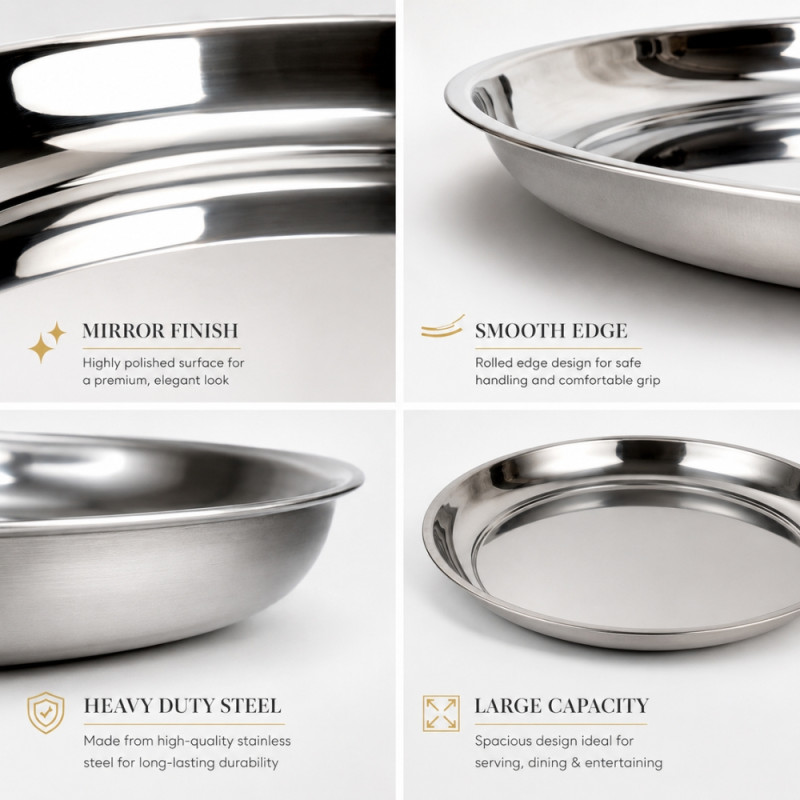 Stainless Steel Round Serving Tray – Mirror Polish Silver (45.5 x 4cm)