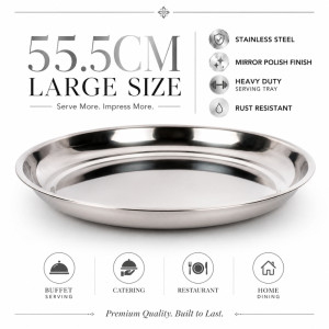 Stainless Steel Round Serving Tray – Mirror Polish Silver (55.5 x 5cm)