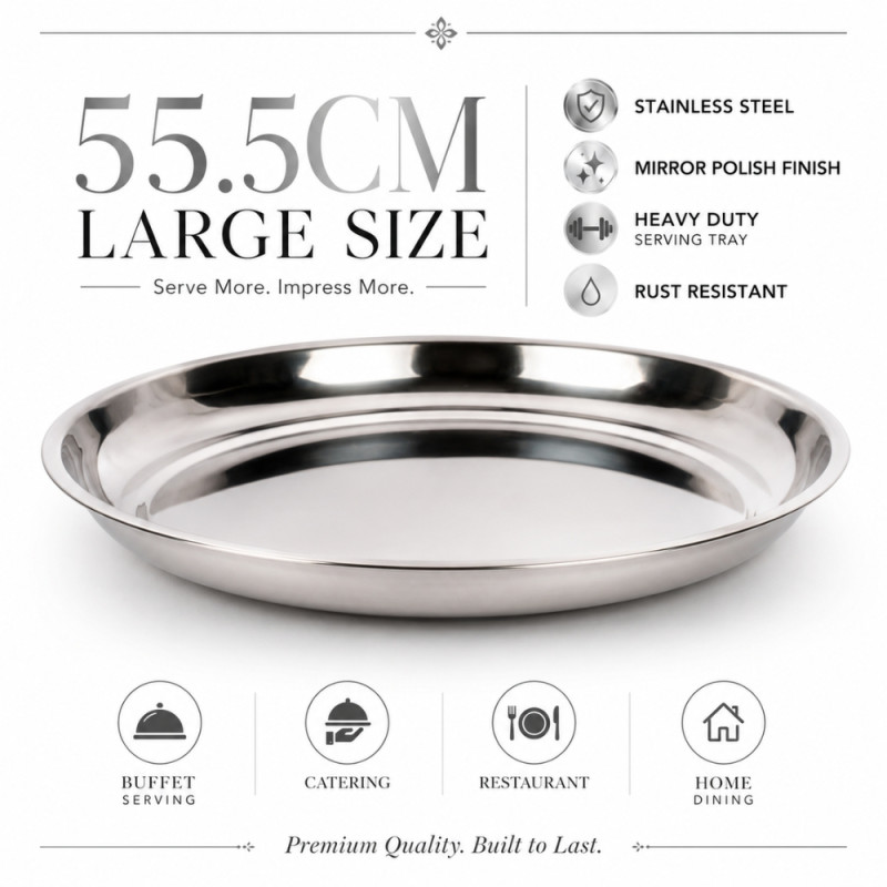 Stainless Steel Round Serving Tray – Mirror Polish Silver (55.5 x 5cm)