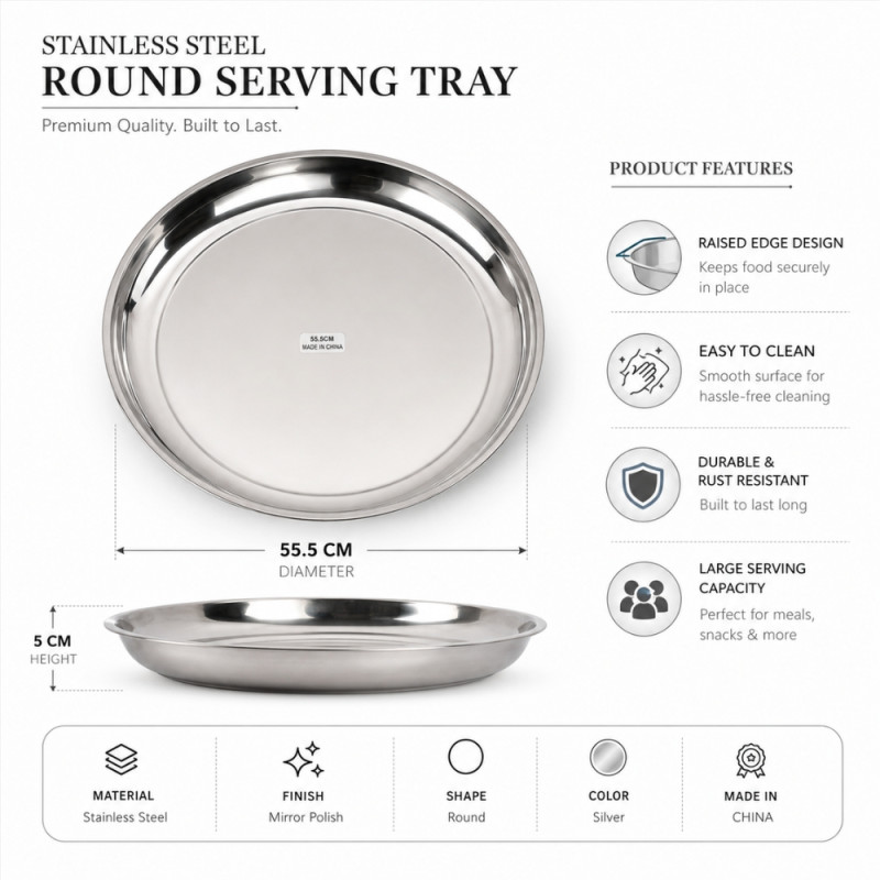 Stainless Steel Round Serving Tray – Mirror Polish Silver (55.5 x 5cm)