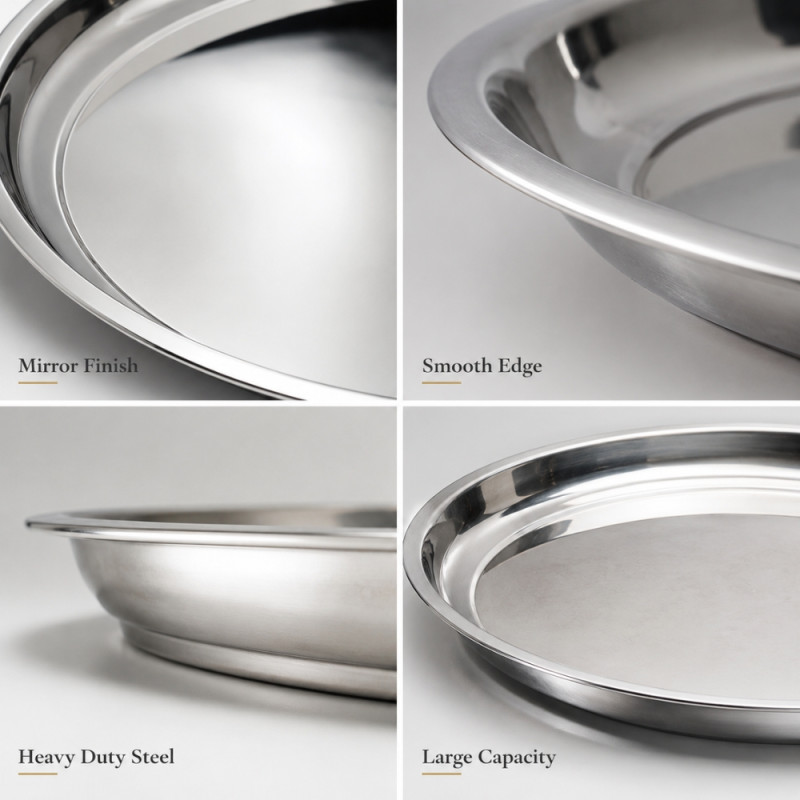 Stainless Steel Round Serving Tray – Mirror Polish Silver (55.5 x 5cm)