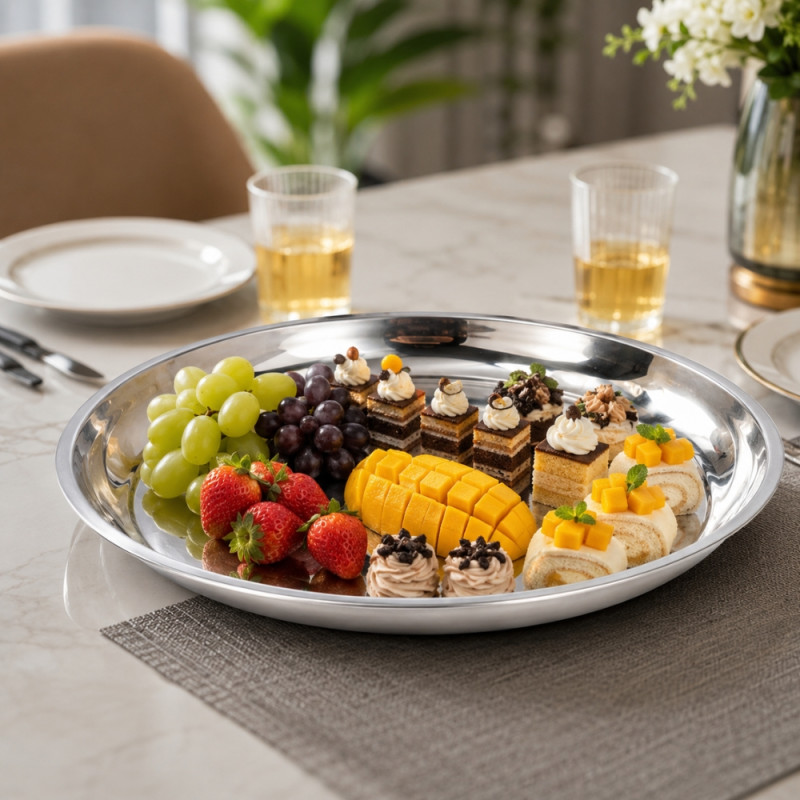 Stainless Steel Round Serving Tray – Mirror Polish Silver (55.5 x 5cm)