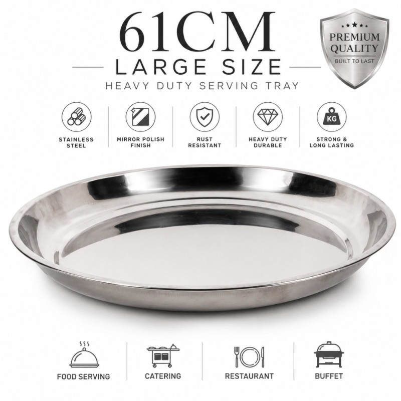 Stainless Steel Round Serving Tray – Mirror Polish Silver (61 X 5CM)