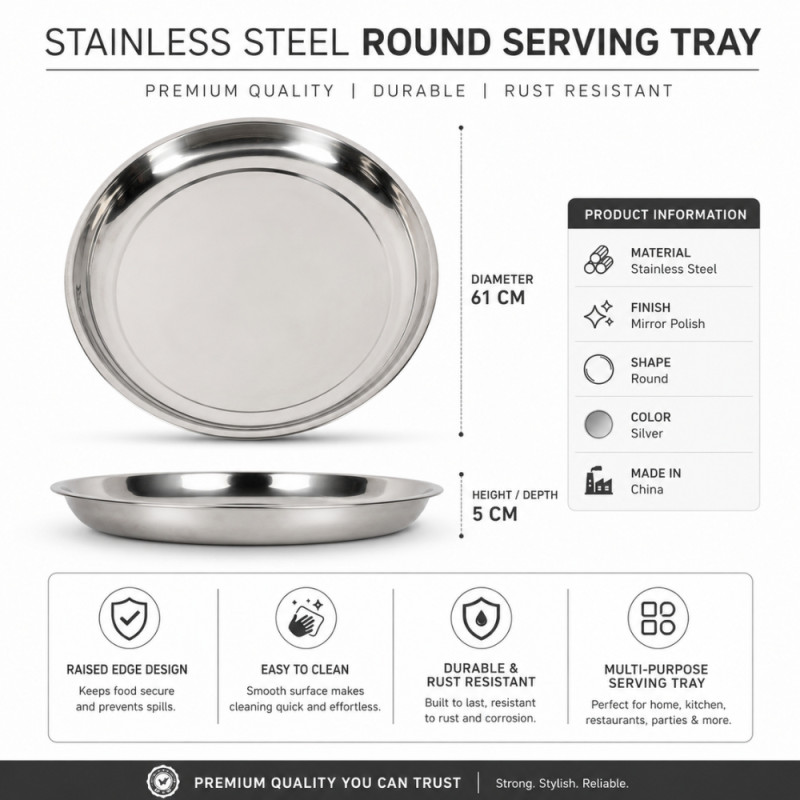 Stainless Steel Round Serving Tray – Mirror Polish Silver (61 X 5CM)