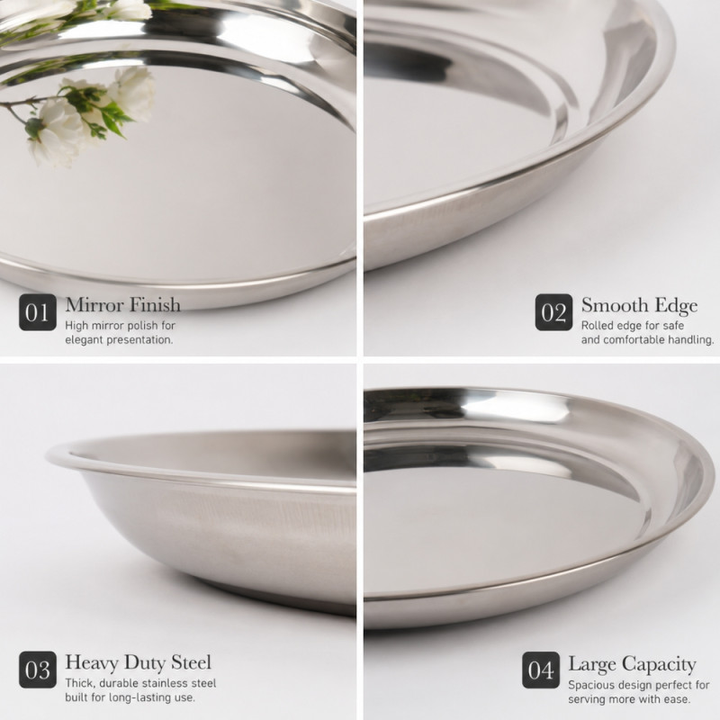Stainless Steel Round Serving Tray – Mirror Polish Silver (61 X 5CM)